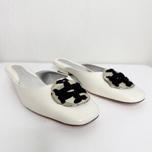 Tory Burch Patos Logo Kitten Heel Mules Ivory Size 7